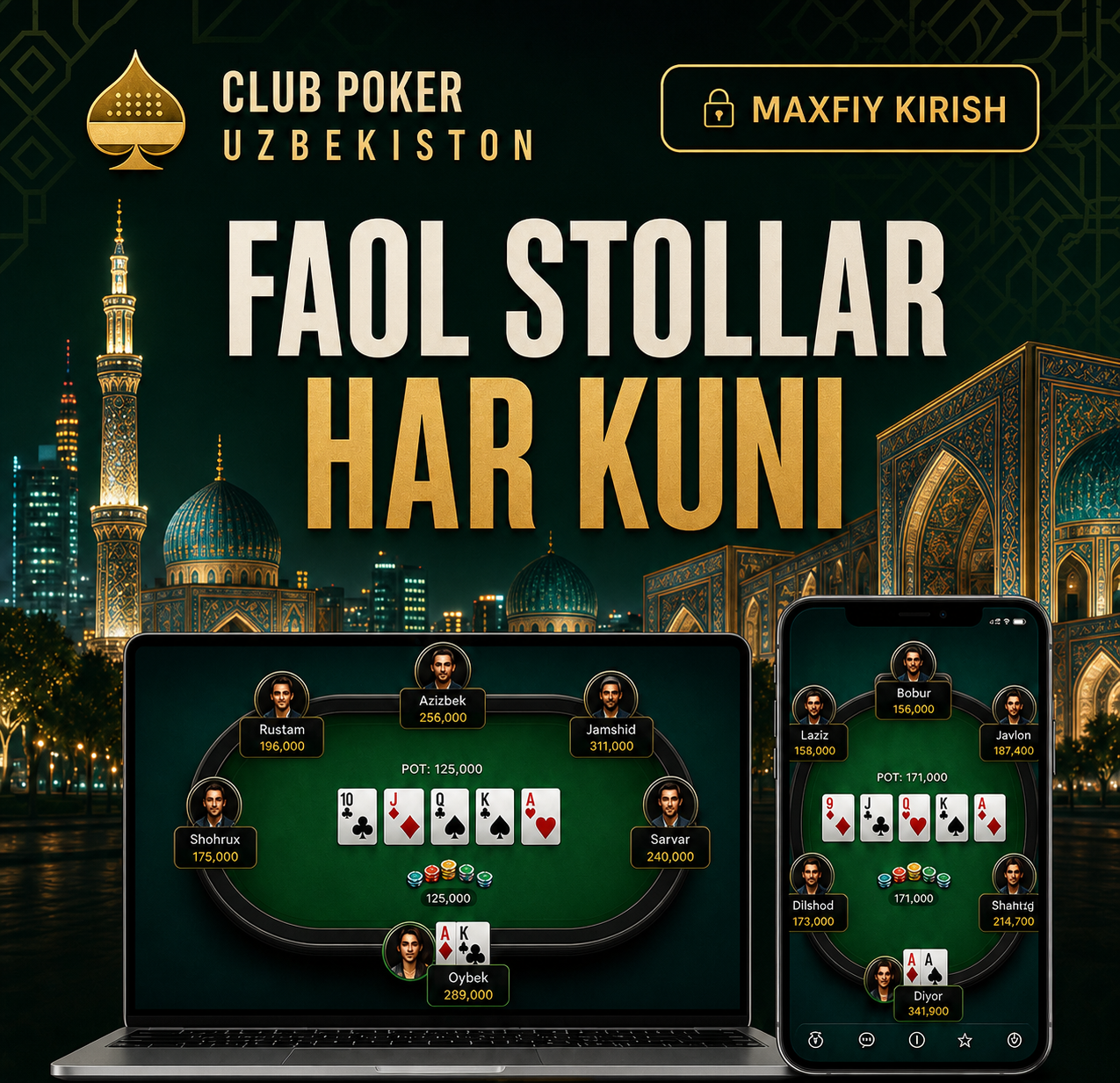 Club Poker Uzbekistan — faol stollar har kuni